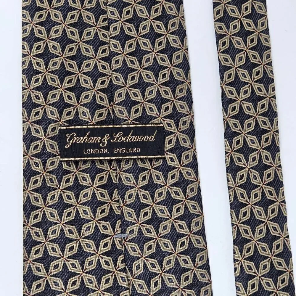 GRAHAM & LOCKWOOD LONDON ENGLAND SILK TIE TAN BLACK GEOMETRIC SATIN 4